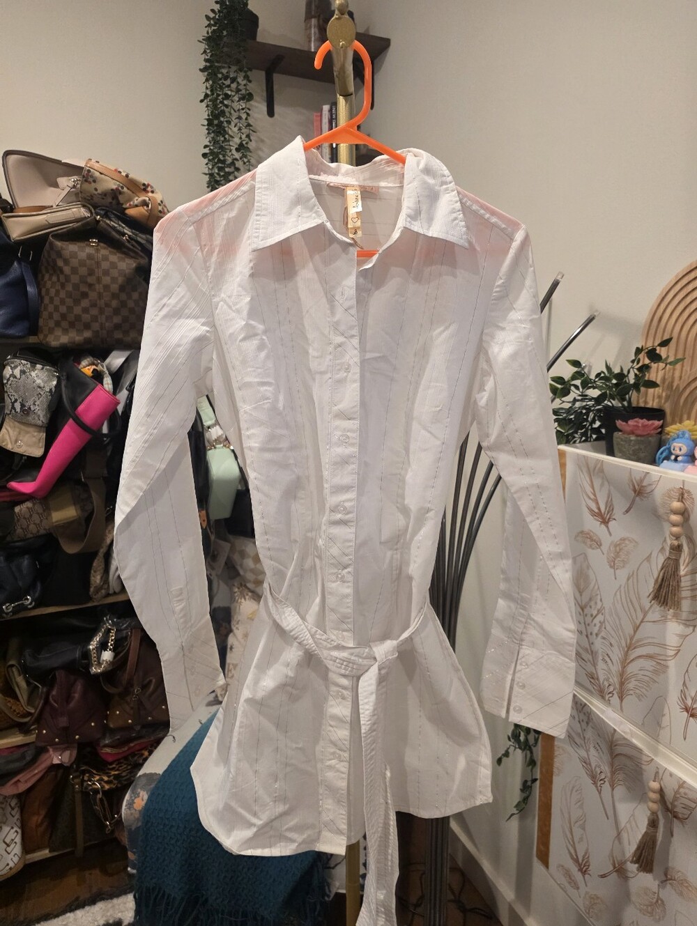 Vintage Andrew & Co White Longline Button-Down Shirt with Self Tie